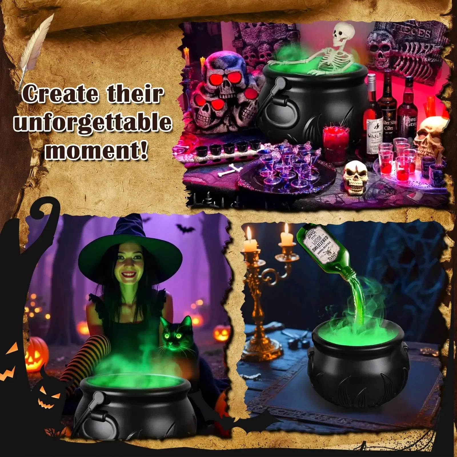 Halloween Witchcauldron with LED Light & Fog Mist Maker Skeleton Decor for Spooky Hocus Pocus Party, Home, Halloween Party