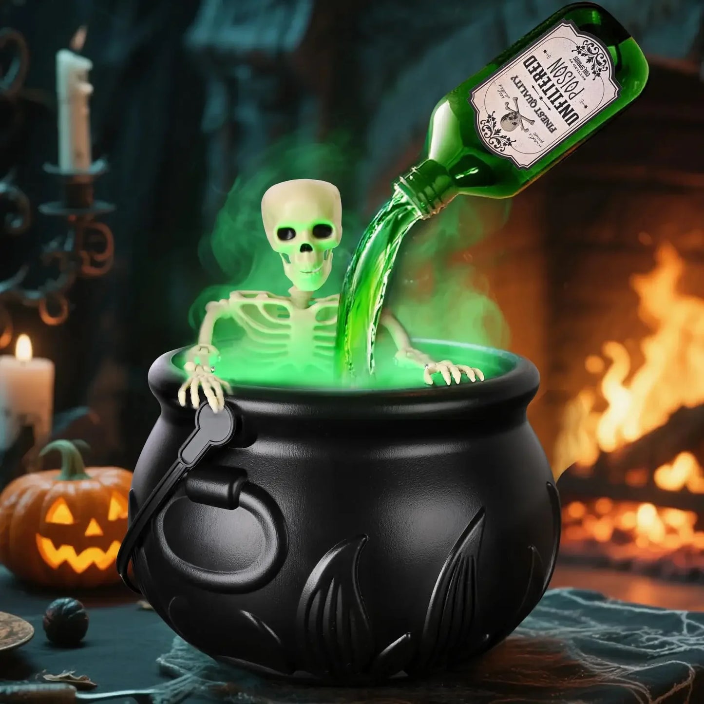 Halloween Witchcauldron with LED Light & Fog Mist Maker Skeleton Decor for Spooky Hocus Pocus Party, Home, Halloween Party